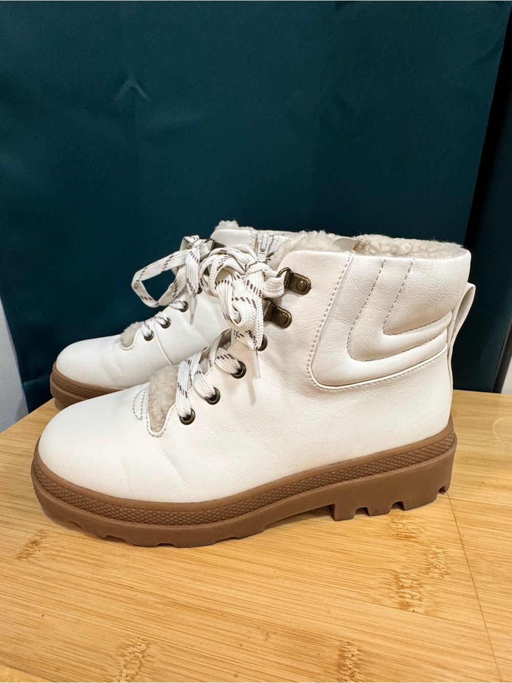 Women’s Off-White Faux Leather Lace-Up Ankle Boots